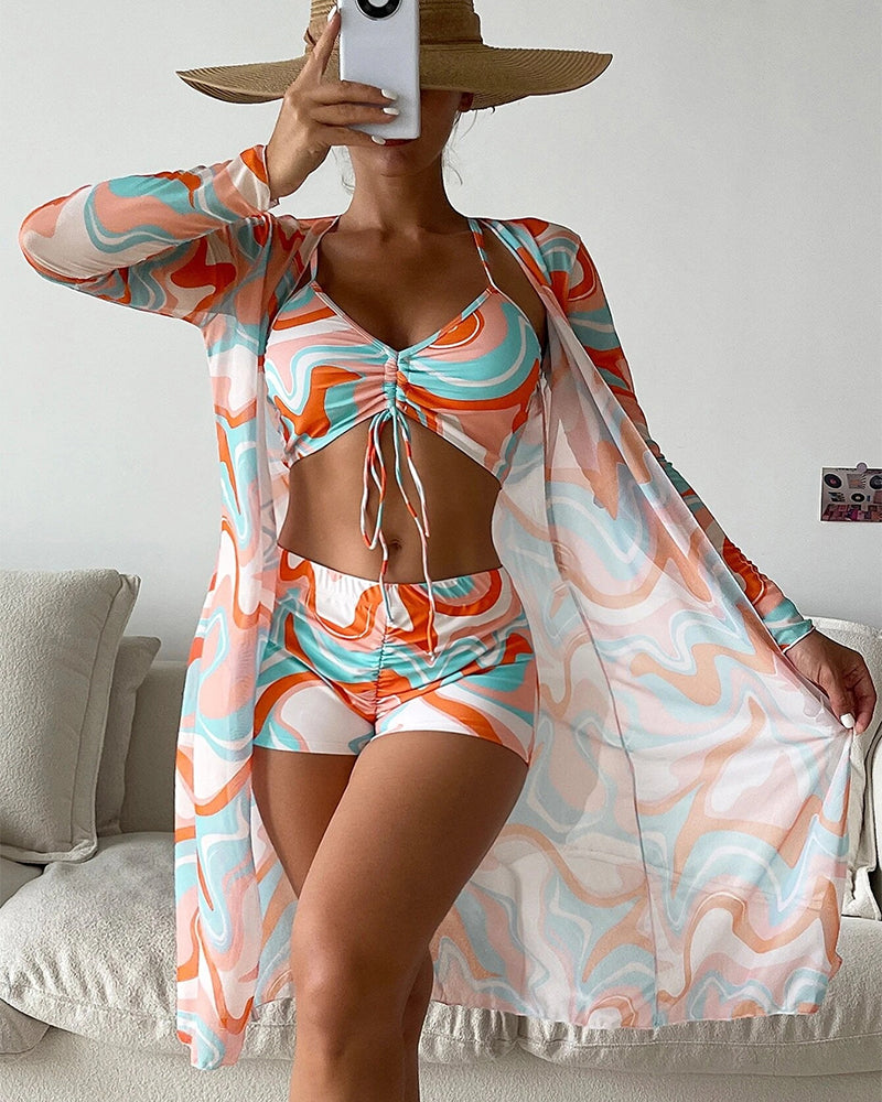 Chic Côtier | Ensemble de bikini 3 pièces à motif