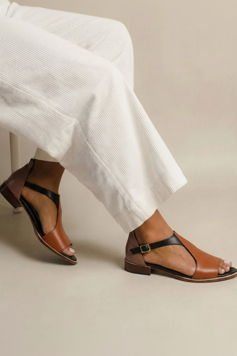 Sandales d'été en cuir PU marron avec lanière de cheville