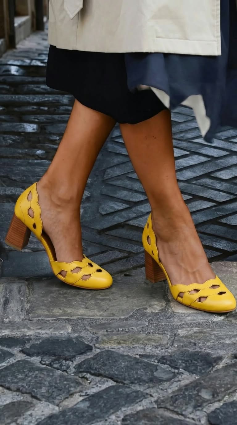 Escarpins en cuir à talons bloc épais avec découpes festonnées