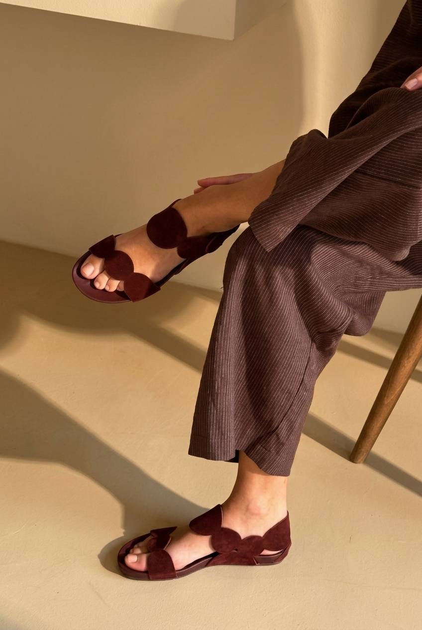 Sandales d'été basses Bordeaux au style boho avec bride festonnée