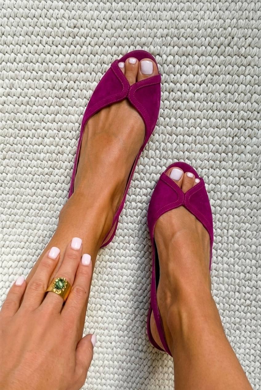 Chic Fuchsia Suede Slingback Peep Toe Ballerinas