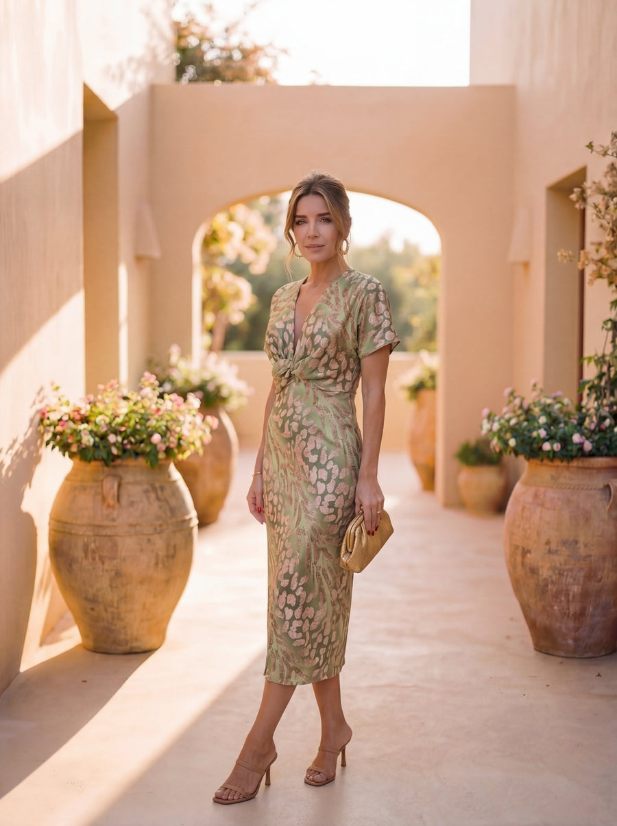 Robe Midi Sculptante avec Nœud Central et Drapé Élégant