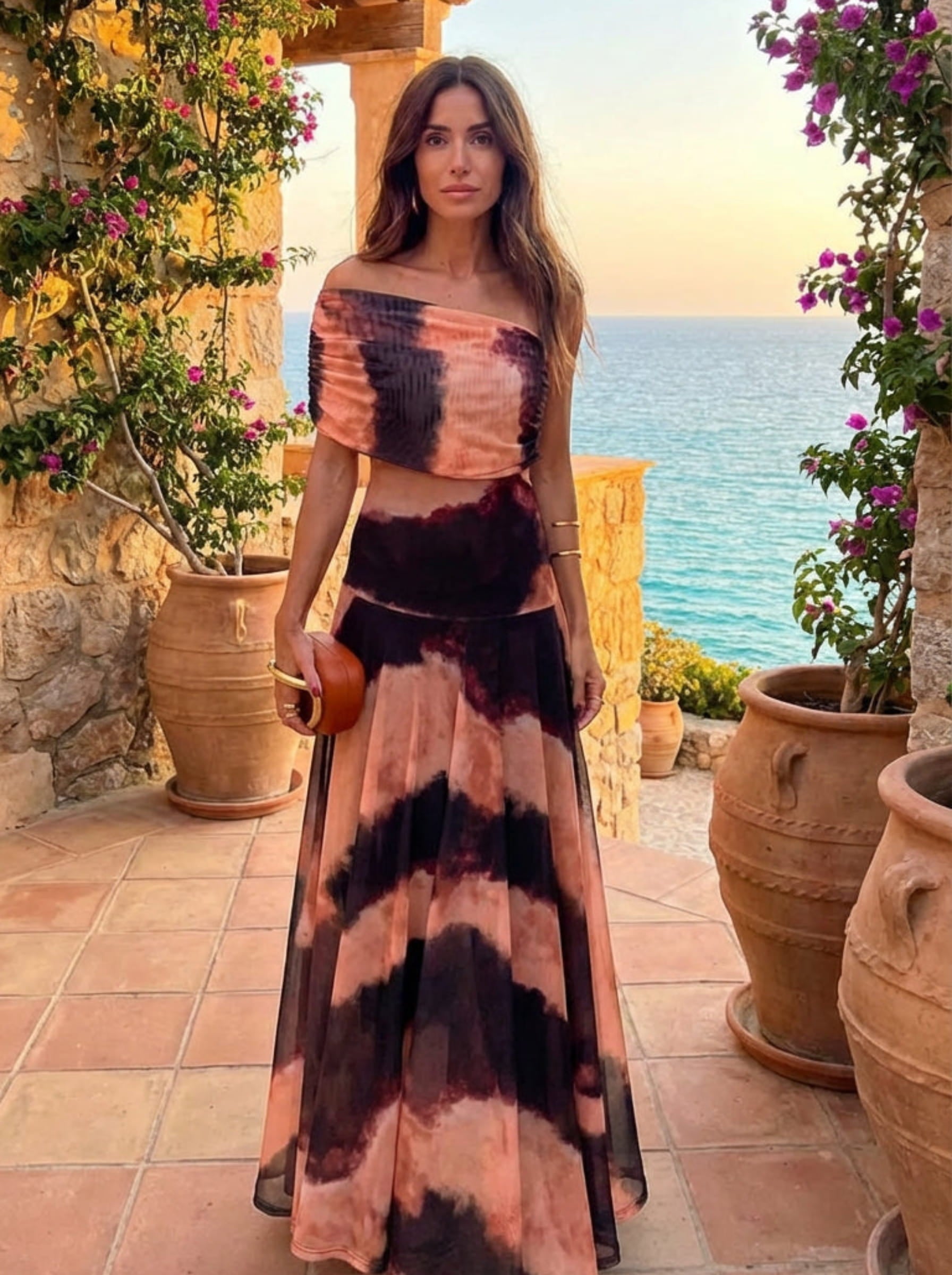 Robe à Motif Orange et Marron