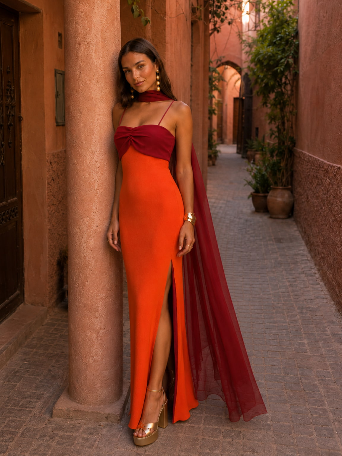 Bicolore Drapé Longue Robe