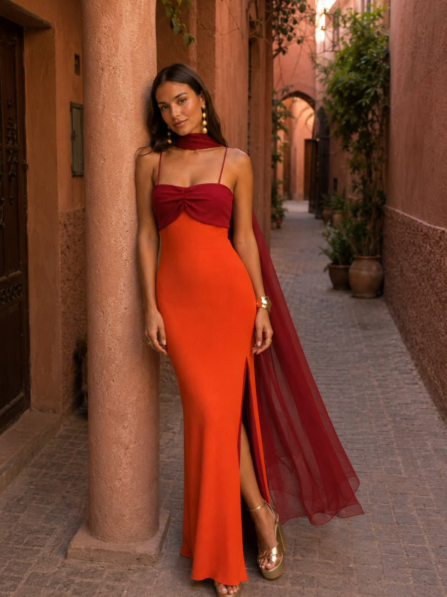 Bicolore Drapé Longue Robe