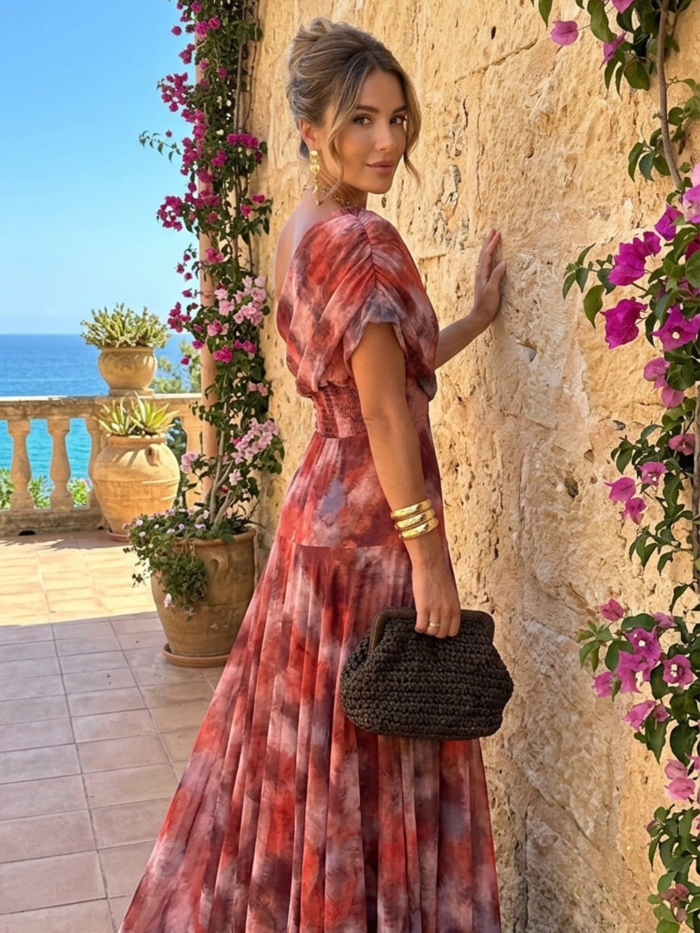 Robe longue à épaules dénudées avec motif aquarelle