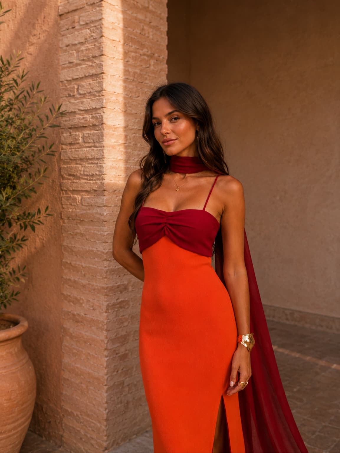 Bicolore Drapé Longue Robe
