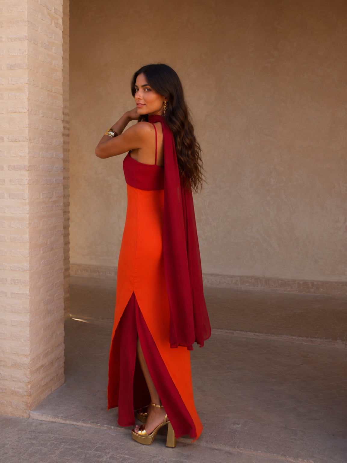 Bicolore Drapé Longue Robe