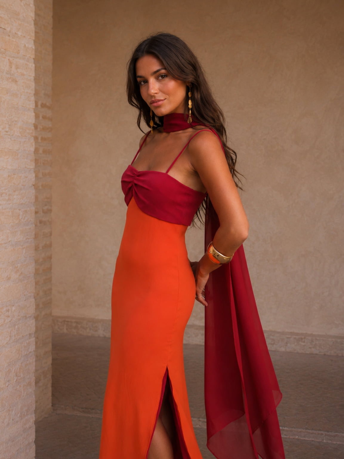 Bicolore Drapé Longue Robe