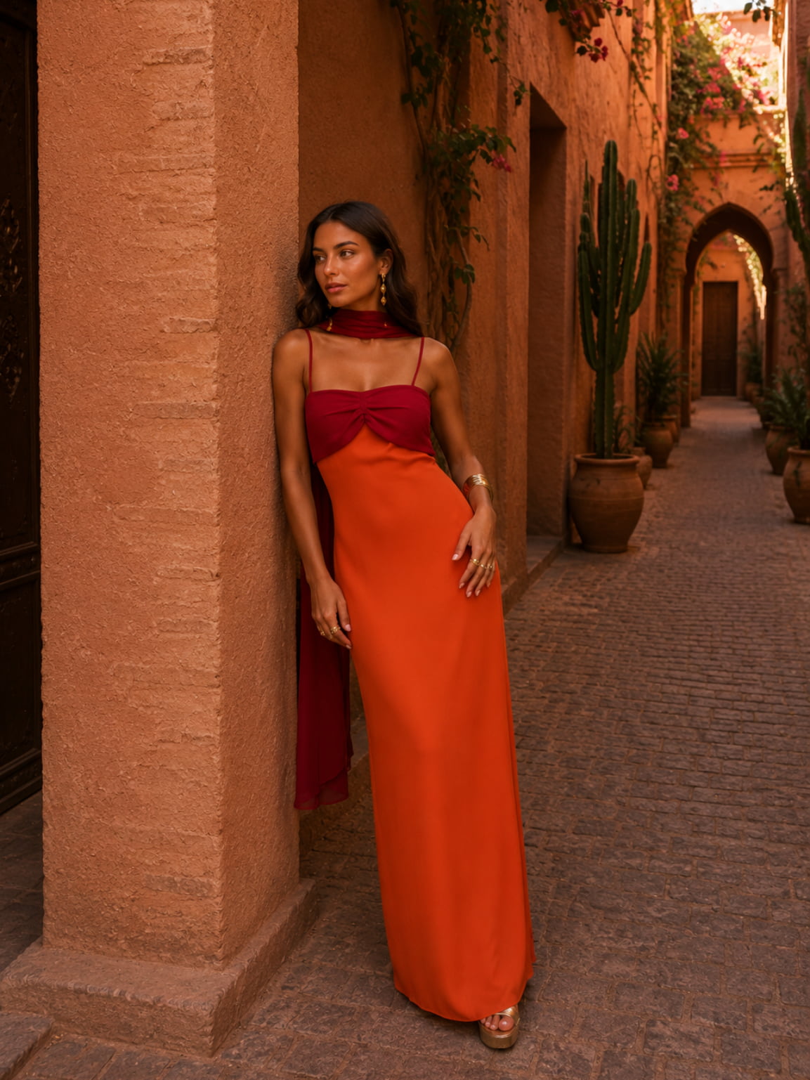 Bicolore Drapé Longue Robe