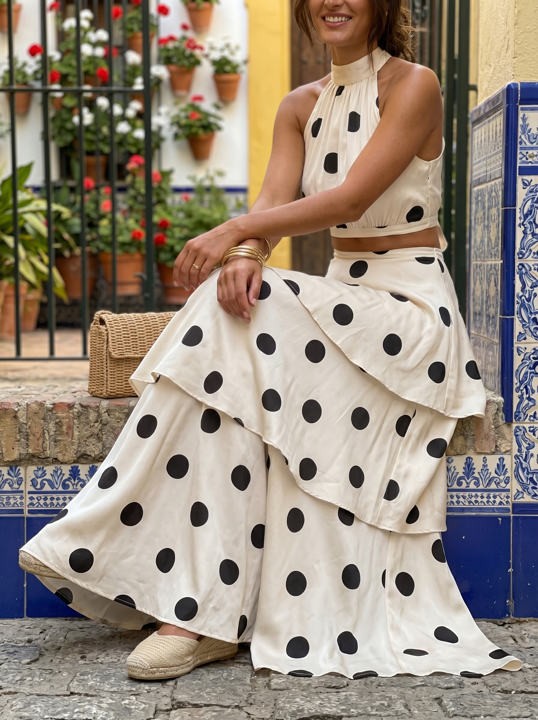 Ensemble Blouse à Pois et Jupe Longue