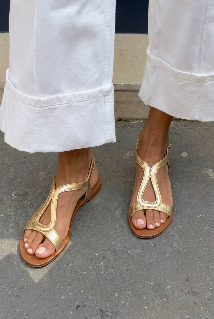 Sandales basses décontractées en métal découpées avec slingback doré