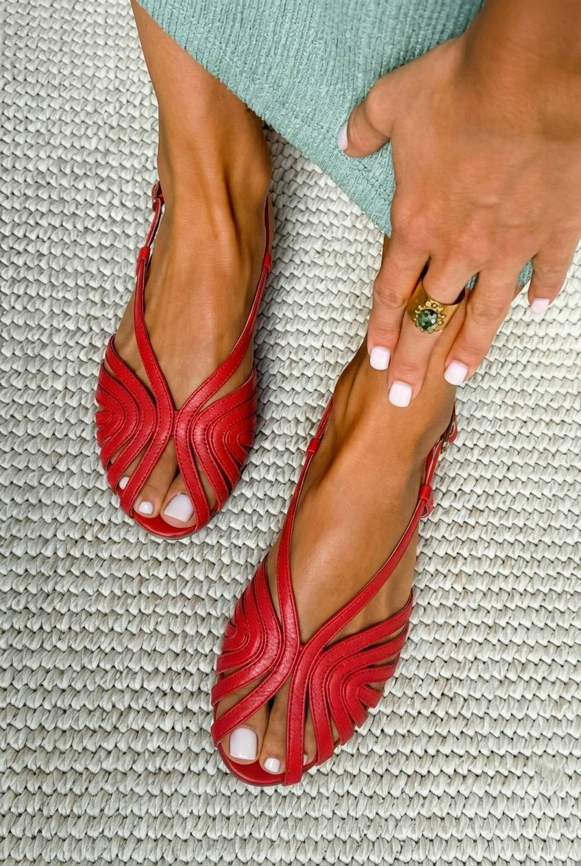 Sandales d'été basses en cuir rouge à peep toe avec brides
