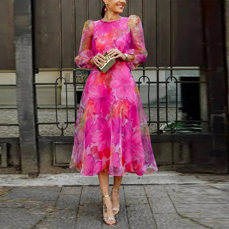Eva | Robe de Mariage Invité, Robe Midi Imprimée Fleurie pour Femmes, Rose & Bleu