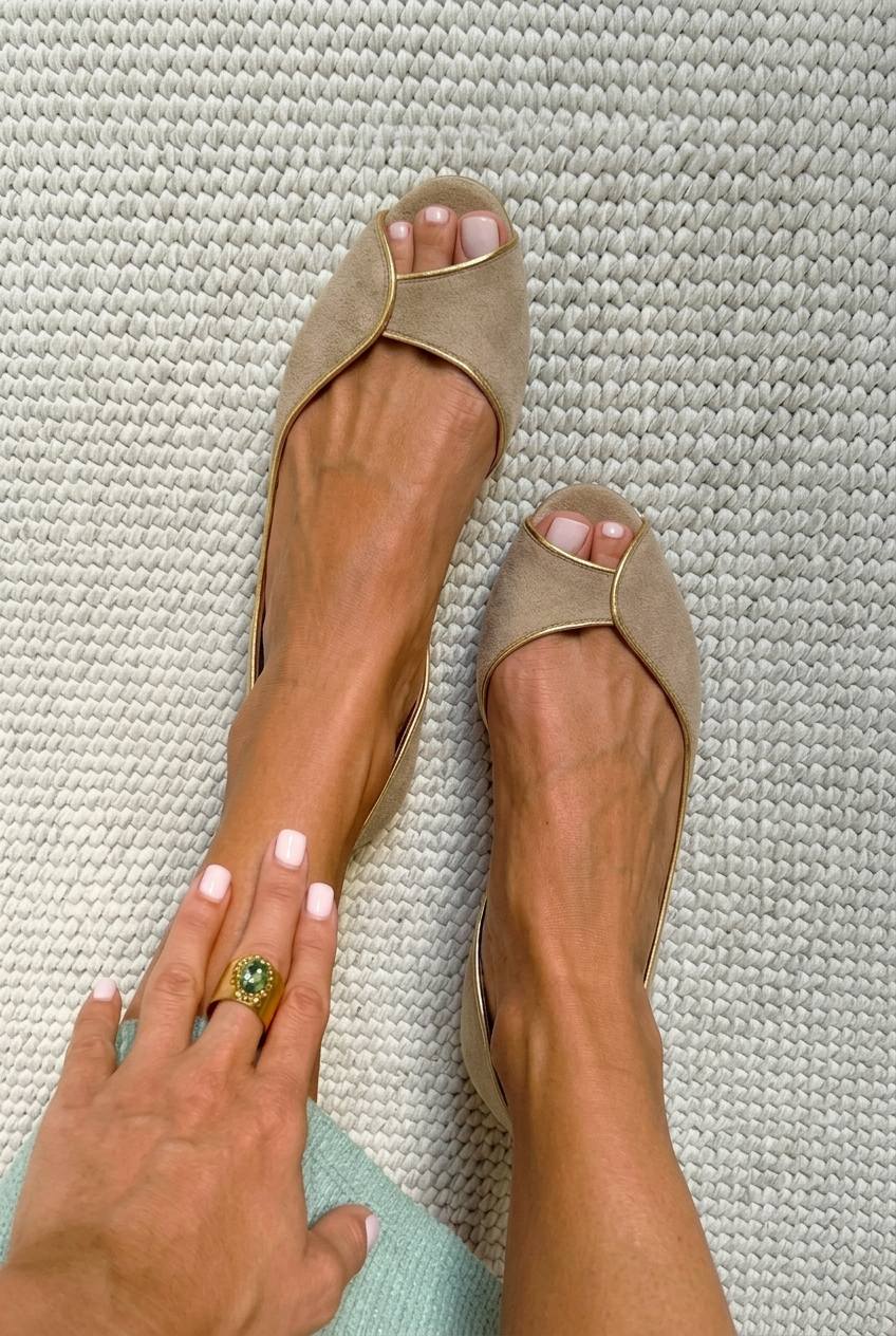 Beige and Gold Suede D'Orsay Peep Toe Flats
