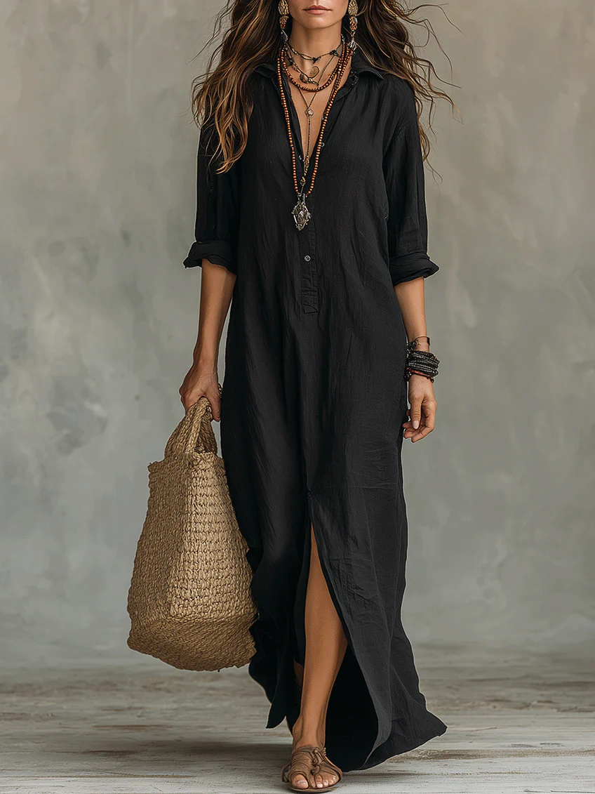 Soline™ | Robe Maxi Noire Longue avec Boutons