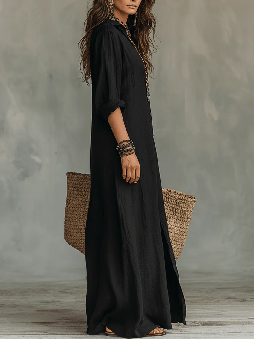 Soline™ | Robe Maxi Noire Longue avec Boutons