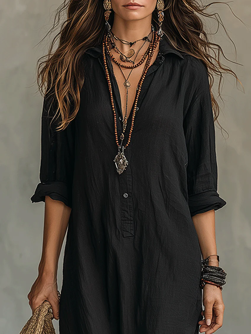 Soline™ | Robe Maxi Noire Longue avec Boutons