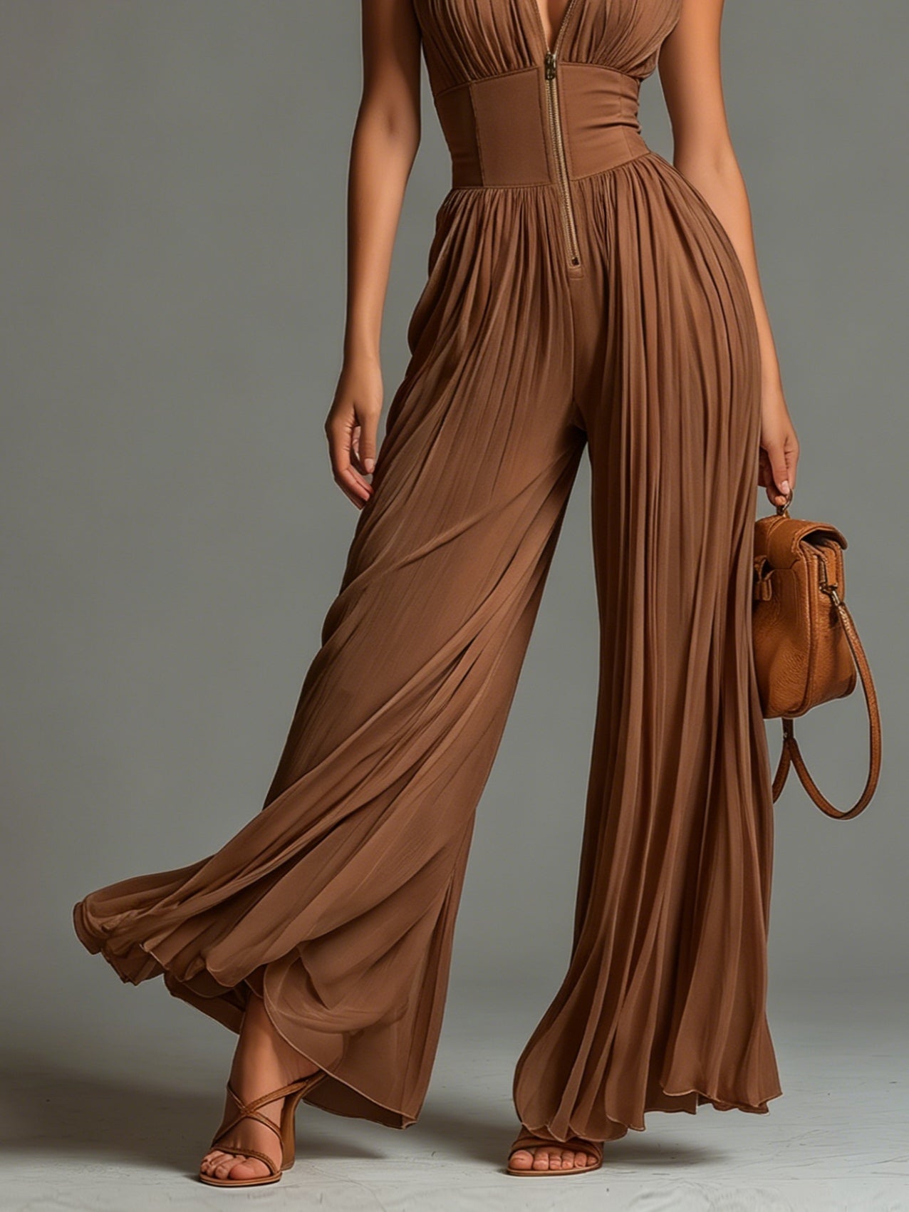 Gabrielle | Combishort Plissé en Mousseline Caramel