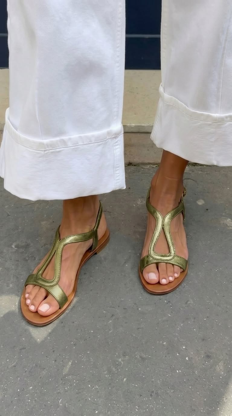 Sandales basses décontractées en métal découpées avec slingback doré