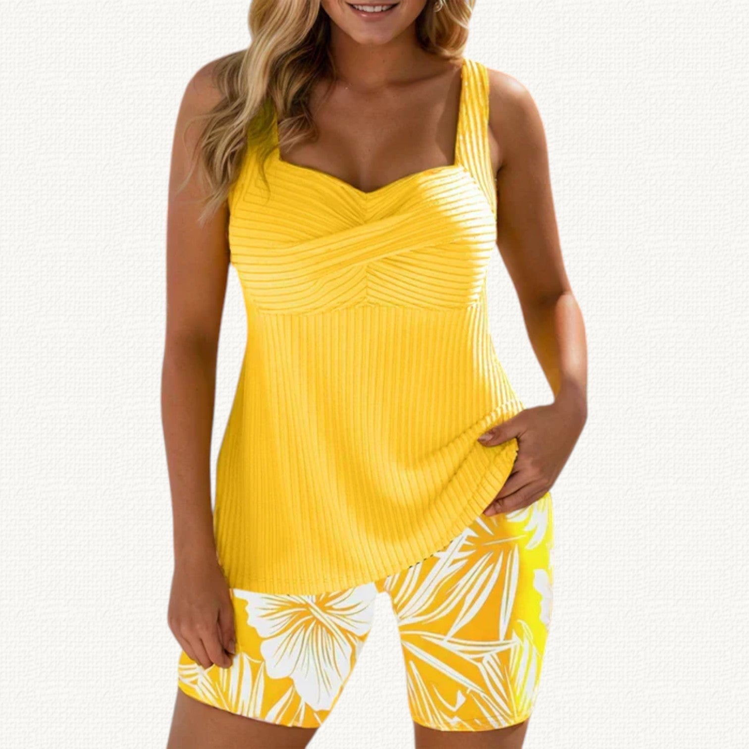Sol | Tankini Cannelé avec Short Floral Long
