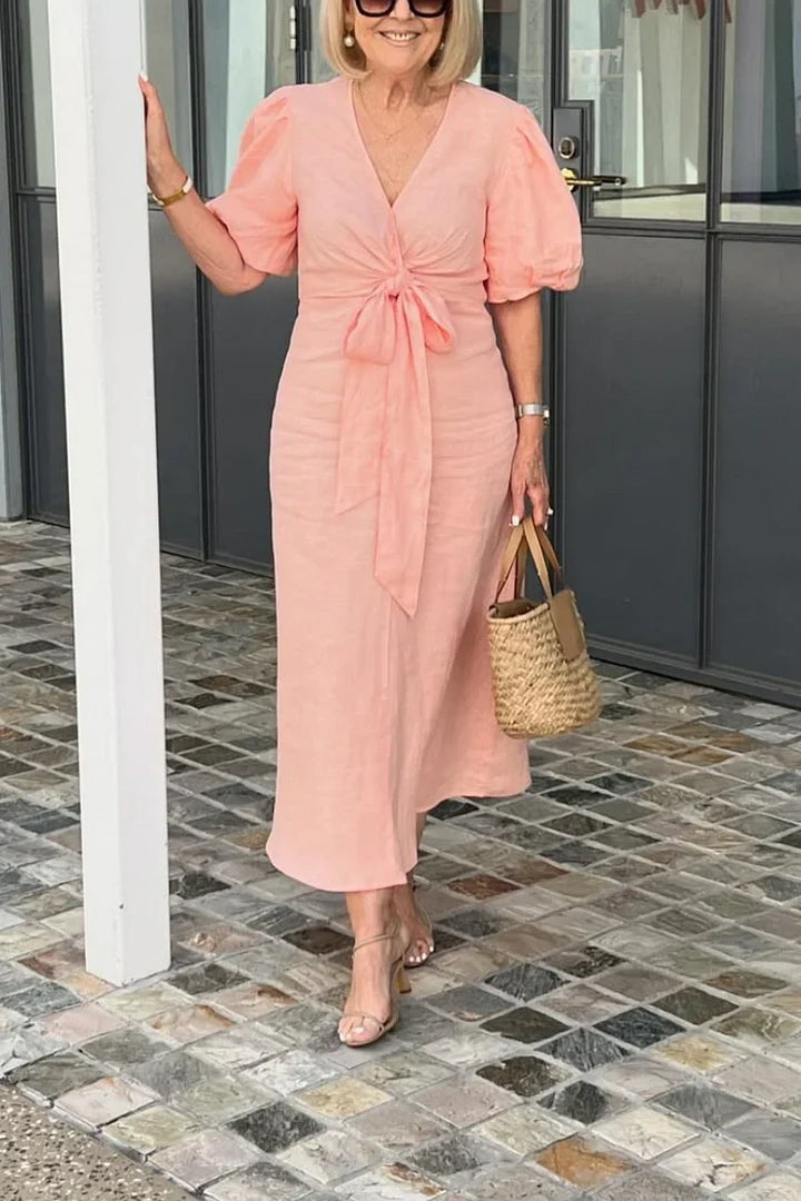 Merle | Robe Maxi en Coton avec Col en V et Manches Bouffantes
