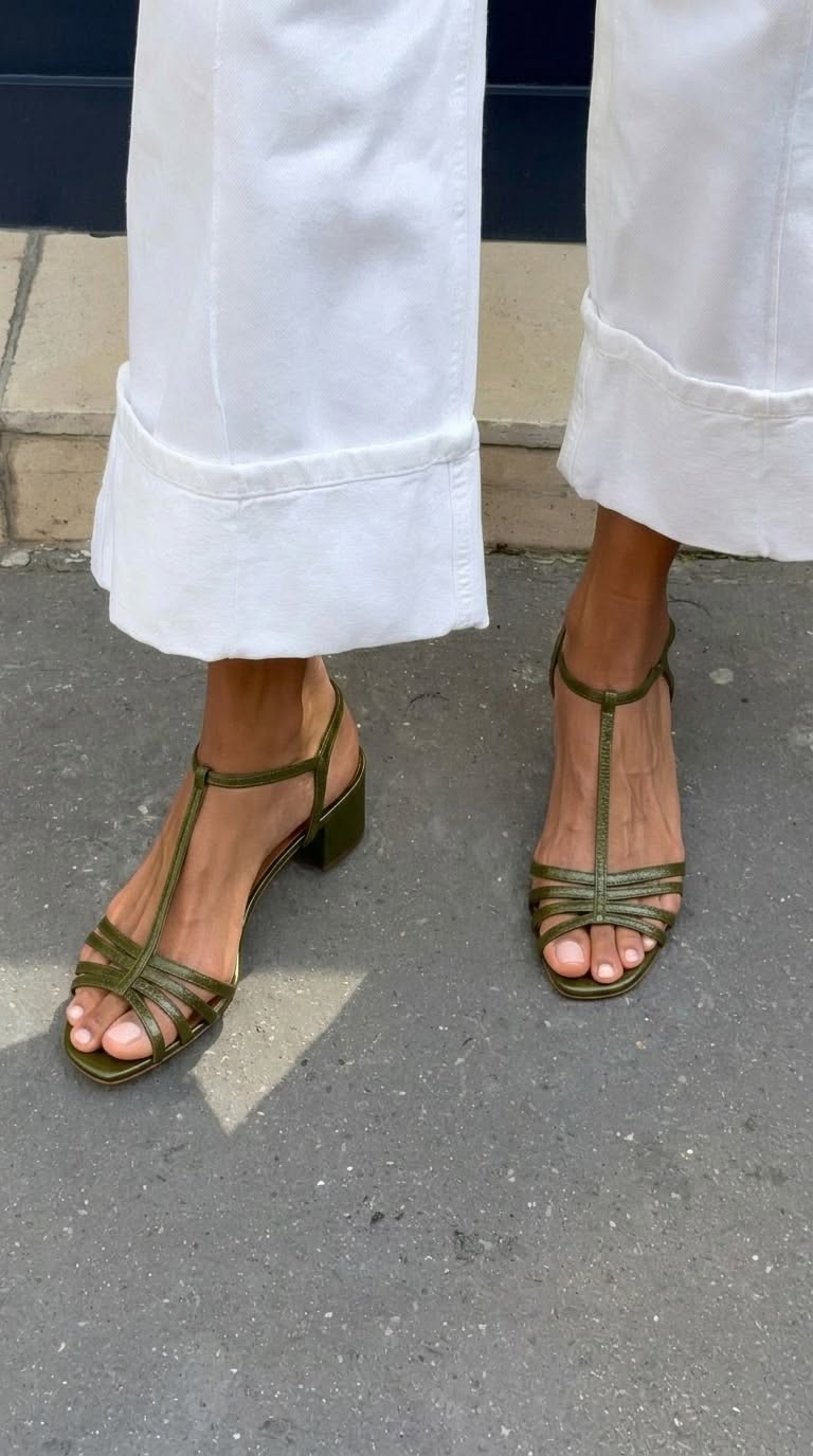 Sandales métalliques à boucle, avec bride en T et talon carré