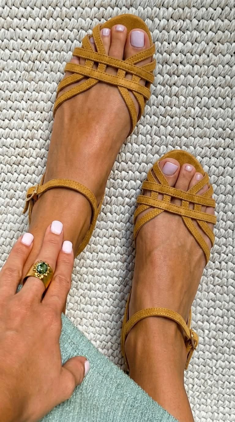 Sandales basses en cuir suédé avec boucle à la cheville et plusieurs lanières