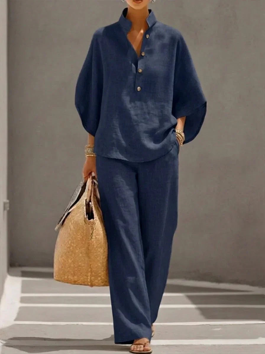 Colette | Ensemble en lin à manches chauve-souris et pantalon large