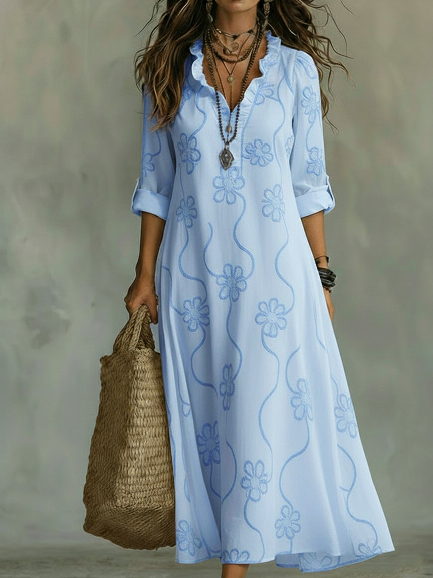 Lilou | Robe rétro trapèze à fleurs avec col à volants