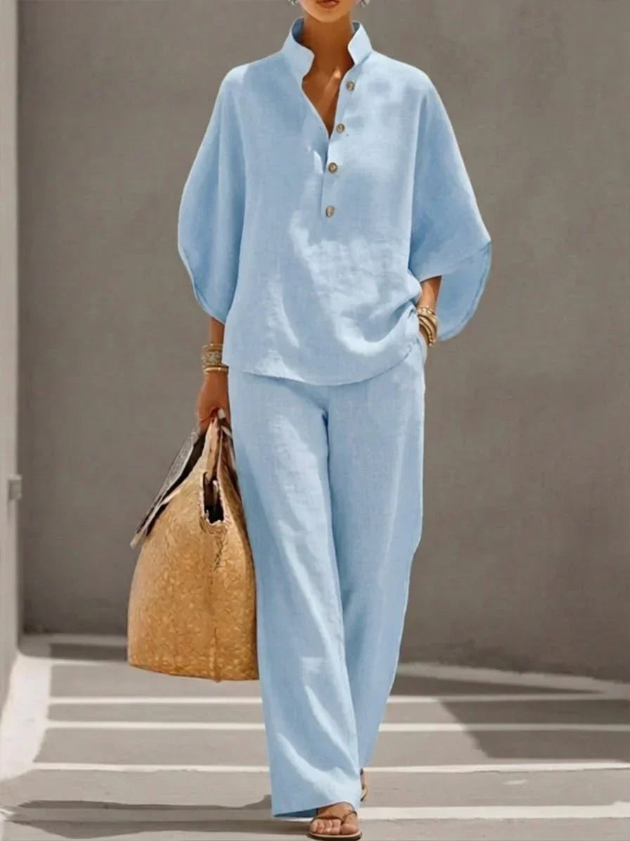 Colette | Ensemble en lin à manches chauve-souris et pantalon large