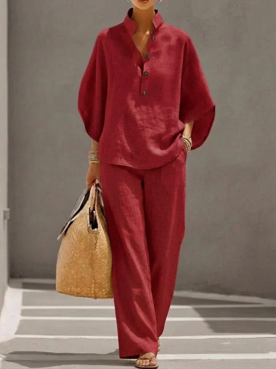 Colette | Ensemble en lin à manches chauve-souris et pantalon large