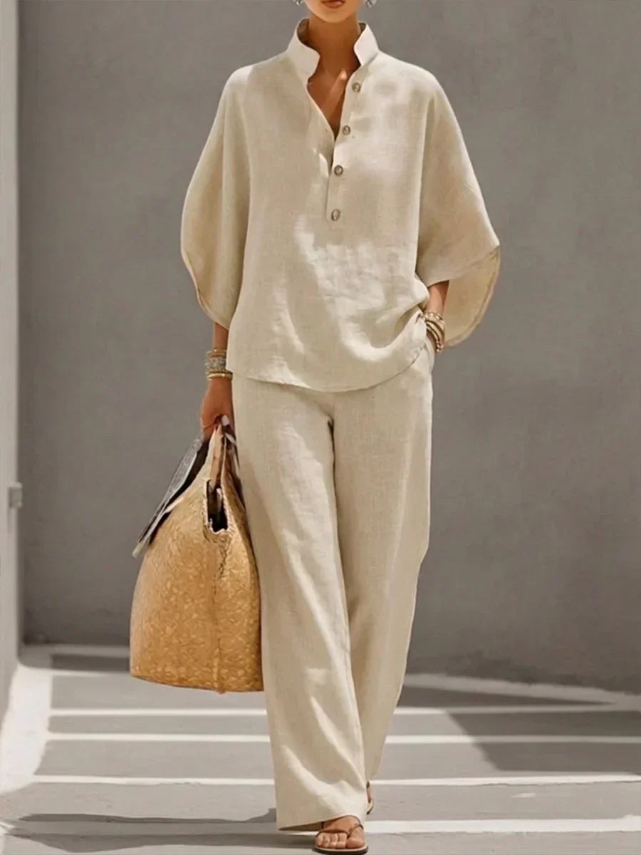 Colette | Ensemble en lin à manches chauve-souris et pantalon large