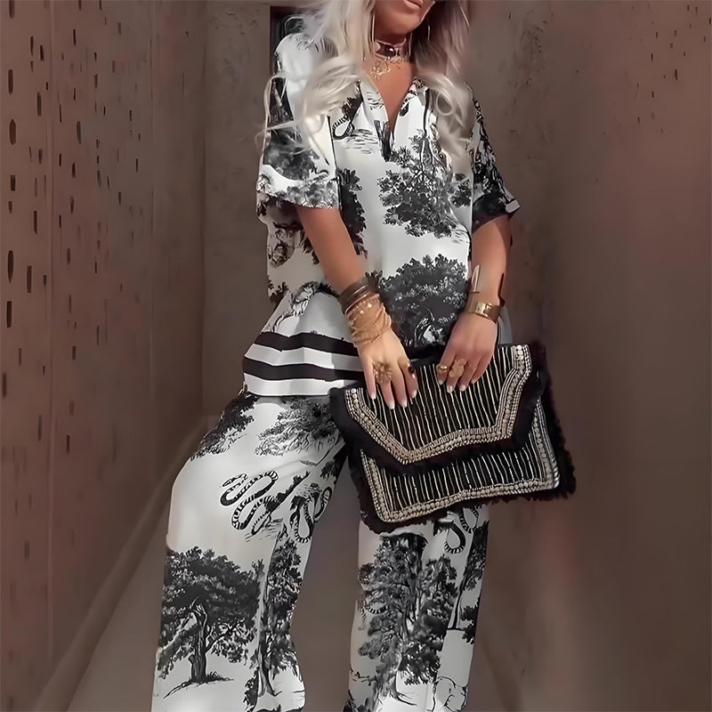 Linette™ Ensemble Haut Imprimé à Col V et Pantalons Longs