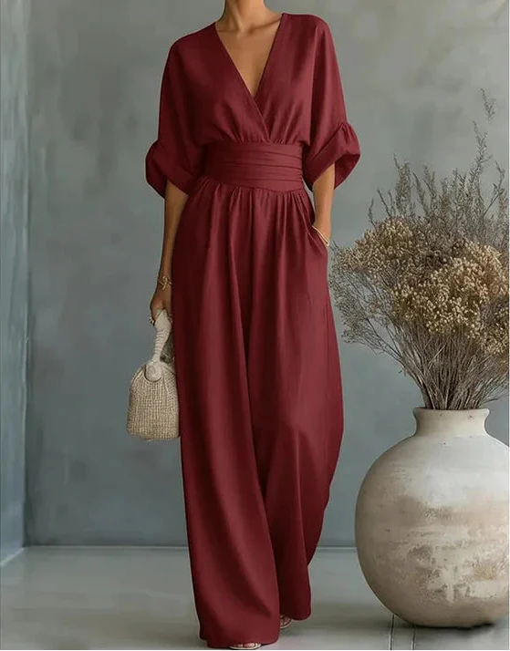 Céline | Combinaison Élégante à Col V et Jambe Large
