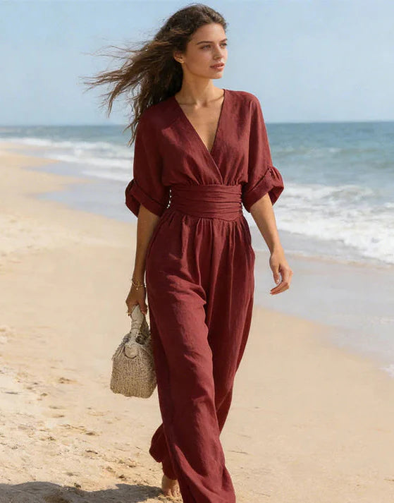 Céline | Combinaison Élégante à Col V et Jambe Large